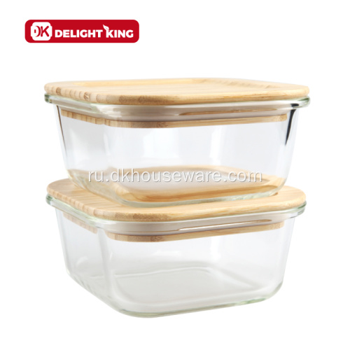 Стеклянная коробка для обеда с бамбуковой крышкой набор